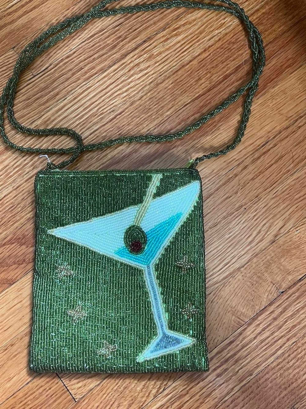 Vintage Beaded Green Martini Crossbody Bag